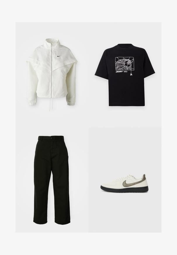 Jaqueta branca de mangas longas com fecho éclair e gola alta, detalhe tipo capa nos ombros, punhos elásticos e pequeno logótipo preto da Nike no peito.; T-shirt preta feita de algodão com mangas curtas. Apresenta uma gravação de teia de aranha branca e um logótipo na parte da frente. Possui um decote simples em forma redonda.; Calças largas e pretas, feitas de um material de algodão durável. Apresentam um fecho de botão e bolsos laterais. Textura suave e acabamento cuidado.; Nike Sportswear FIELD GENERAL - Sapatilhas - off-white/black