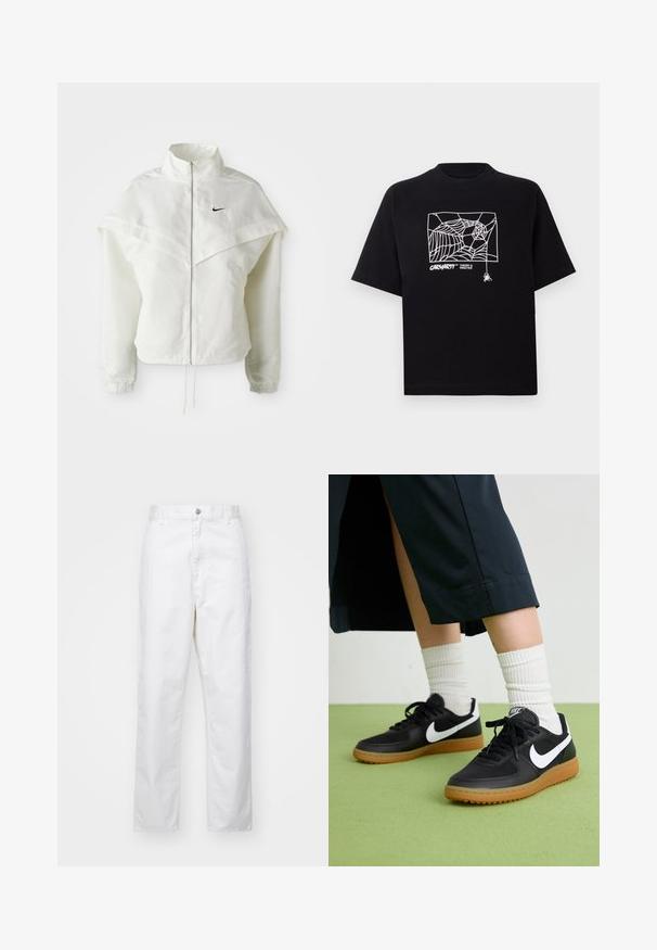 Biała, długozapinana kurtka na zamek z wysokim kołnierzem, z pelerynowym detalem na ramionach, elastycznymi mankietami i małym czarnym logo Nike na piersi.; Czarna koszulka z krótkim rękawem wykonana z bawełny. Na przodzie znajduje się biały nadruk w kształcie pajęczyny oraz logo. Prosty, zaokrąglony dekolt.; Białe bawełniane spodnie o prostym kroju, z zapięciem na guzik z przodu, szlufkami na pasek i kieszeniami bocznymi. Gładka tekstura, bez wzorów.; Czarne skórzane i syntetyczne sneakersy z białym logo Nike, gumową podeszwą, okrągłym noskiem i czarnymi sznurowadłami. Widziane są ribbowane białe skarpetki.