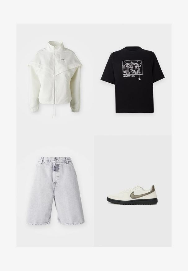 Biała, długozapinana kurtka na zamek z wysokim kołnierzem, z pelerynowym detalem na ramionach, elastycznymi mankietami i małym czarnym logo Nike na piersi.; Czarna koszulka z krótkim rękawem wykonana z bawełny. Na przodzie znajduje się biały nadruk w kształcie pajęczyny oraz logo. Prosty, zaokrąglony dekolt.; Szorty dżinsowe w jasnoszarym kolorze z przetartą teksturą. Posiadają zapięcie na guzik i zamek błyskawiczny, szlufki na pasek oraz prosty krój nogawki.; Nike Sportswear - Sneakersy niskie