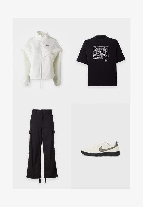 Jaqueta branca de mangas longas com fecho éclair e gola alta, detalhe tipo capa nos ombros, punhos elásticos e pequeno logótipo preto da Nike no peito.; T-shirt preta feita de algodão com mangas curtas. Apresenta uma gravação de teia de aranha branca e um logótipo na parte da frente. Possui um decote simples em forma redonda.; Calças cargo pretas feitas de tecido resistente, com bolsos laterais, fecho de botão, design de perna larga e cordões ajustáveis na barra.; Nike Sportswear FIELD GENERAL - Sapatilhas - off-white/black