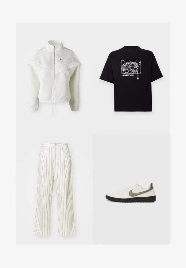 Valge pikkade varrukatega tõmblukuga jakk kõrge kraega, kätetooted, mis meenutavad katet õlgadel, elastsete mansettidega ja väikese musta Nike logoga rinnal.; Mustmust särgis, millel on lühikesed varrukad. Esipaneelil on valge ämblikuvõrgu graafika ja logo. Lihtne ümmargune kaelus.; Kreemivärvilised laiad püksid, millel on vertikaalsed pruunid triibud, nuppude sulgemine ja esipleated, mis lisavad disainielementi.; Nike Sportswear FIELD GENERAL - Tossud - off-white/black