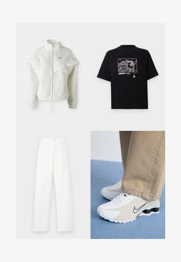Hvid langærmet zip-up jakke med høj krave, kappe-lignende detaljer over skuldrene, elastiske manchetter og lille sort Nike-logo på brystet.; Sort T-shirt lavet af bomuld med korte ærmer. Har et hvidt edderkoppespin grafik og logo på fronten. Enkel rund halsudskæring.; Hvide denimbukser med høj talje, lige ben-design, synlige syninger, fem-lomme stil og metalknaplukning.; Hvide og beige Nike sneakers med perforeret design, sort swoosh-logo, tekstureret overdel og en karakteristisk fjederlignende sort hæl.
