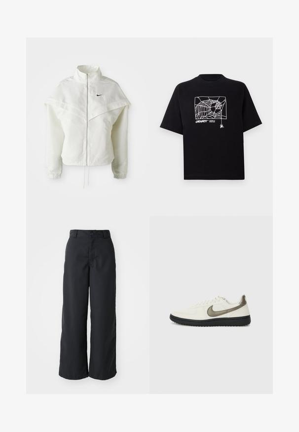 Veste zippée à manches longues blanche avec col haut, détail de type cape sur les épaules, poignets élastiques et petit logo Nike noir sur la poitrine.; T-shirt noir en coton à manches courtes. Présente un graphisme de toile d'araignée blanche et un logo à l'avant. Encolure ronde simple.; Pantalons noirs à jambes larges en tissu lisse, avec une fermeture à bouton et des poches latérales, au design épuré et à la silhouette ajustée.; Nike Sportswear FIELD GENERAL - Baskets basses - off-white/black