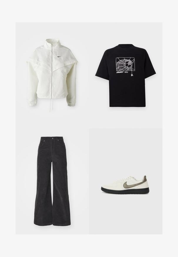 Jaqueta branca de mangas longas com fecho éclair e gola alta, detalhe tipo capa nos ombros, punhos elásticos e pequeno logótipo preto da Nike no peito.; T-shirt preta feita de algodão com mangas curtas. Apresenta uma gravação de teia de aranha branca e um logótipo na parte da frente. Possui um decote simples em forma redonda.; Calças largas de veludo cotelê pretas com uma cintura alta, bolsos frontais e fecho de botão. O tecido apresenta uma superfície suave e texturizada.; Nike Sportswear FIELD GENERAL - Sapatilhas - off-white/black