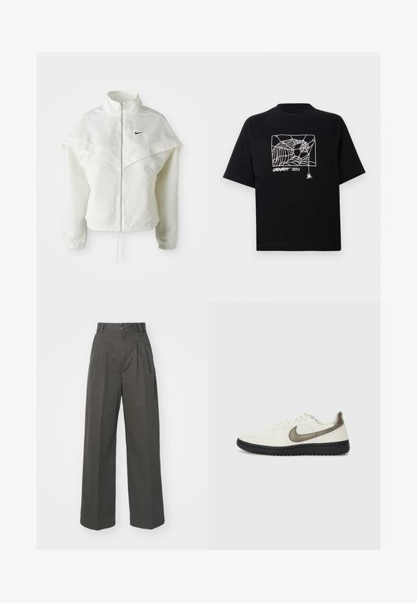 Biela bunda s dlhým rukávom na zips a vysokým golierom, s plášťovým detailom cez plecia, elastickými manžetami a malým čiernym logom Nike na hrudi.; Čierne tričko z bavlny s krátkymi rukávmi. Na prednej strane má biely grafický motív pavučiny a logo. Jednoduchý zaoblený výstrih.; Vysoké nohavice v antracitovej farbe vyrobené z bavlny. Obsahujú prešitie, jediné zapínanie na gombík a široké, rovné nohavice. Hladká textúra.; Nike Sportswear FIELD GENERAL - Tenisky - off-white/black