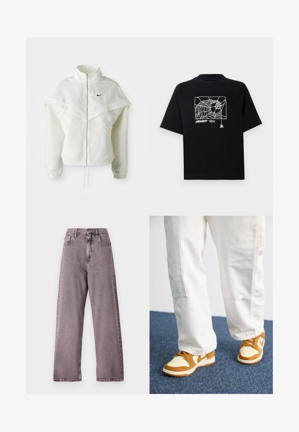 Chaqueta blanca de manga larga con cremallera y cuello alto, detalle tipo capa en los hombros, puños elásticos y pequeño logo negro de Nike en el pecho.; Camiseta negra de algodón con mangas cortas. Presenta un gráfico de telaraña blanca y un logo en la parte frontal. Cuello redondeado simple.; Vaqueros de cintura alta y pernera ancha en denim de color púrpura claro, con cierre de botón, cinco bolsillos y un ligero desvanecimiento en las costuras.; Zapatillas marrones y crema con materiales de ante y piel, que presentan una puntera perforada, cordones y suelas blancas. Combinadas con pantalones blancos.