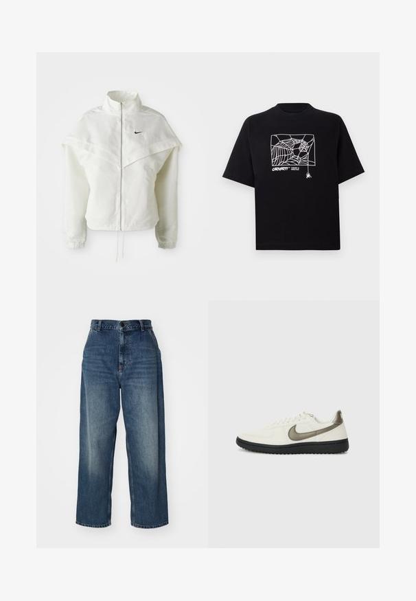 Jaqueta branca de mangas longas com fecho éclair e gola alta, detalhe tipo capa nos ombros, punhos elásticos e pequeno logótipo preto da Nike no peito.; T-shirt preta feita de algodão com mangas curtas. Apresenta uma gravação de teia de aranha branca e um logótipo na parte da frente. Possui um decote simples em forma redonda.; Jeans de ganga azul de pernas largas com uma cintura alta, apresentando fecho de botão, passadores de cinto e desbotado nas coxas. Aberturas de perna em corte reto.; Nike Sportswear FIELD GENERAL - Sapatilhas - off-white/black