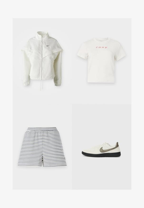 Hvid langærmet zip-up jakke med høj krave, kappe-lignende detaljer over skuldrene, elastiske manchetter og lille sort Nike-logo på brystet.; Hvid bomulds T-shirt med korte ærmer og rund halsudskæring, med et pink logo "roxy" trykt på forsiden. Regular fit design.; Stribede shorts med en hvid og navy farveskala, elastisk talje, blødt bomuldsstof og en afslappet pasform.; Nike Sportswear FIELD GENERAL - Sneakers - off-white/black