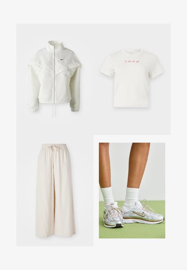Valge pikkade varrukatega tõmblukuga jakk kõrge kraega, kätetooted, mis meenutavad katet õlgadel, elastsete mansettidega ja väikese musta Nike logoga rinnal.; Valge puuvillane t-särk lühikeste varrukatega ja ümmarguse kaelusega, millel on ees prinditud roosa logo "roxy". Tavalise lõikega disain.; Laiad, kreemja värviga püksid elastse vöökoha ja paelaga. Sile ja kerge lina kangas, ilma nähtavate mustrite või riistadega.; Hõbedased spordijalatsid, millel on valged ja kuldsed aktsendid, kaetud sõrestikuga ülemise osa, kummist tallaga ning peegeldava viimistlusega. Sokid paistavad üle pahkluude.