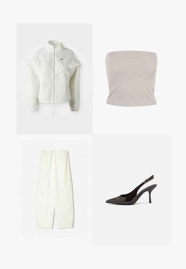 Bílá dlouhá zipová bunda s vysokým límcem, pláštěnkovým detailem přes ramena, elastickými manžetami a malým černým logem Nike na hrudi.; Bandeau top v jasně béžovém pleteném materiálu s jemným třpytem, který má přiléhavý střih a hladkou strukturu, s rovním výstřihem.; Kalhoty s širokými nohavicemi v jemné krémové tkanině, s hladkou texturou, předními kapsami a uvolněným střihem s mírně zvýšeným pasem.; Slingback lodičky na vysokém podpatku z lesklé tmavě hnědé lakované kůže, s špičatou špičkou, otevřenými stranami a nastavitelným páskem kolem kotníku.