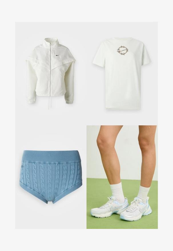 Fehér, hosszú ujjú, zipzáras dzseki magas gallérral, a vállakon lebegő, köpenyszerű résszel, rugalmas mandzsettákkal és kis fekete Nike logóval a mellkason.; Világoszöld pamut póló, középen egy szögesdrótból körülvett logóval. Kerek nyakú és rövid ujjú. Puha tapintású.; Világoskék pamut fehérnemű bordázott derékrésszel és fonott textúrával. Az elején és hátulján vízszintes csíkok díszítik a szélét.; Fehér és világoskék sportcipők, hálós és szintetikus anyagból, texturált kiegészítőkkel, lekerekített formával és párnázott talppal.