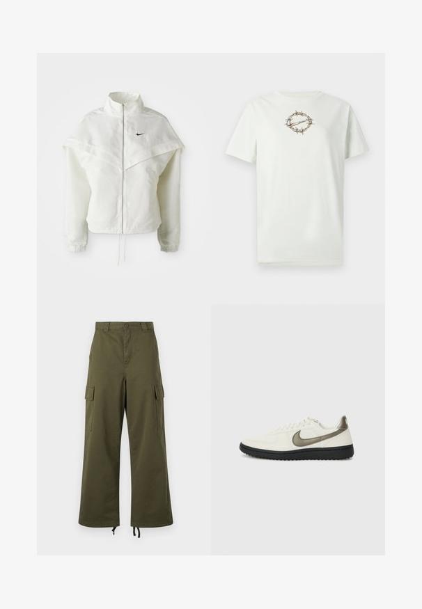 Jachetă albă cu mâneci lungi, cu fermoar, guler înalt, detalii asemănătoare unei capele pe umeri, manșete elastice și un mic logo Nike negru pe piept.; Tricou din bumbac verde deschis cu un grafic central de sârmă ghimpată înconjurând un logo. Guler rotund și mâneci scurte. Textură moale.; Pantaloni cargo de culoare verde măsliniu, confecționați din bumbac, cu talie înaltă, picioare largi, buzunare laterale cargo și șnururi ajustabile la tiv.; Nike Sportswear FIELD GENERAL - Sneakers low - off-white/black