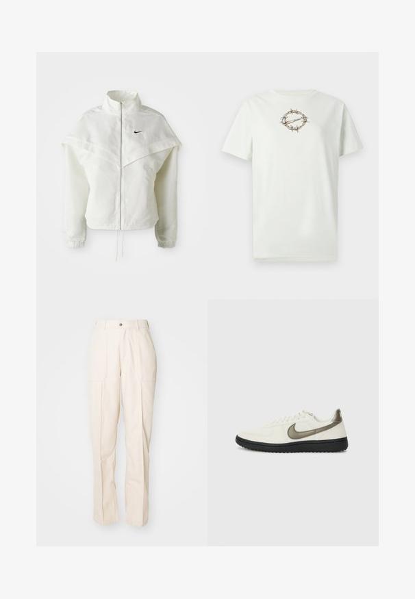 Fehér, hosszú ujjú, zipzáras dzseki magas gallérral, a vállakon lebegő, köpenyszerű résszel, rugalmas mandzsettákkal és kis fekete Nike logóval a mellkason.; Világoszöld pamut póló, középen egy szögesdrótból körülvett logóval. Kerek nyakú és rövid ujjú. Puha tapintású.; Készítésű világosbézs, egyenes szárú nadrág, pamut keverék anyagból. Két elülső zsebbel, gombos záródással és látható varrási részletekkel rendelkezik.; Nike Sportswear FIELD GENERAL - Sportcipő - off-white/black