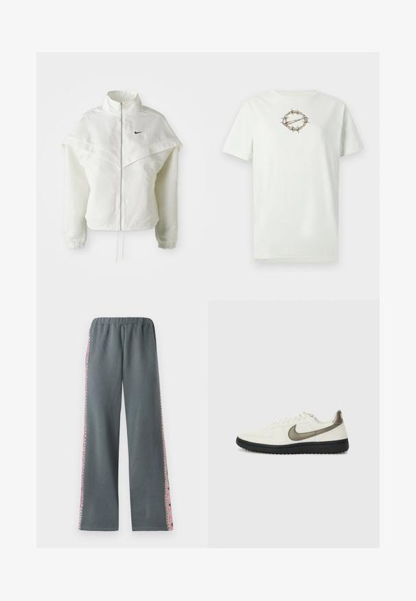 White long-sleeve zip-up jacket with high collar, cape-like detail across shoulders, elastic cuffs, and small black Nike logo on chest.; Light green cotton t-shirt featuring a central graphic of barbed wire surrounding a logo. Crew neck and short sleeves. Soft texture.; Gray jogger pants with an elastic waist, wide legs, and colorful patterned accents along the sides. Made from soft, comfortable material.; Nike Sportswear FIELD GENERAL - Trainers - off-white/black