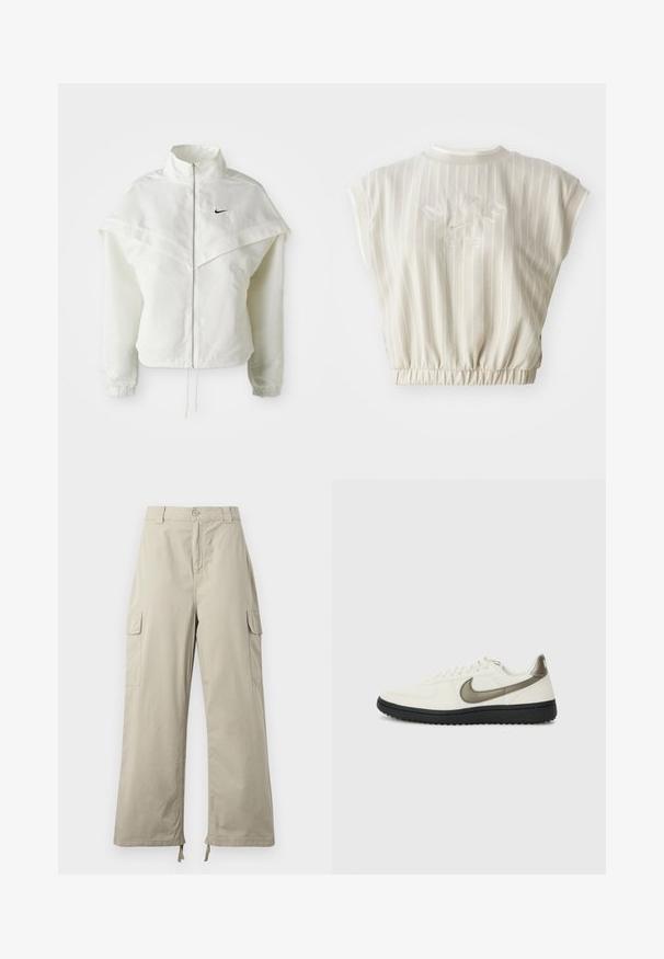 Fehér, hosszú ujjú, zipzáras dzseki magas gallérral, a vállakon lebegő, köpenyszerű résszel, rugalmas mandzsettákkal és kis fekete Nike logóval a mellkason.; Világos bézs színű, rövidített póló függőleges csíkokkal. Bordás kerek nyak, elasztikus alsó rész, hímzett "Nike" logó és "1972" évszám a hátsó részen. Puha szövettextúra.; Világos bézs cargo nadrág, laza szabású, gombos záródással, oldal zsebekkel és állítható szegéllyel, megkötőkkel. Simább anyagtextúra.; Nike Sportswear FIELD GENERAL - Sportcipő - off-white/black