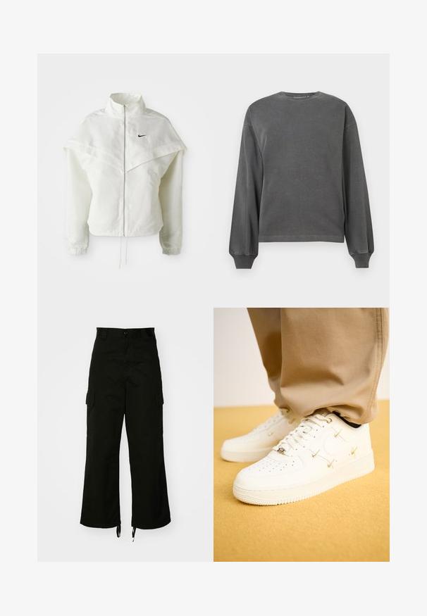 White long-sleeve zip-up jacket with high collar, cape-like detail across shoulders, elastic cuffs, and small black Nike logo on chest.; Gray long-sleeve sweatshirt with a crew neck, made of soft fabric. Features ribbed cuffs and a relaxed fit. Minimalist design, no patterns.; Black cargo pants made from cotton, featuring wide legs, side pockets, and drawstring hems. The design includes a button closure at the waist.; White leather sneakers with perforated toe, golden accents, and flat laces, paired with beige pants on a textured yellow surface.