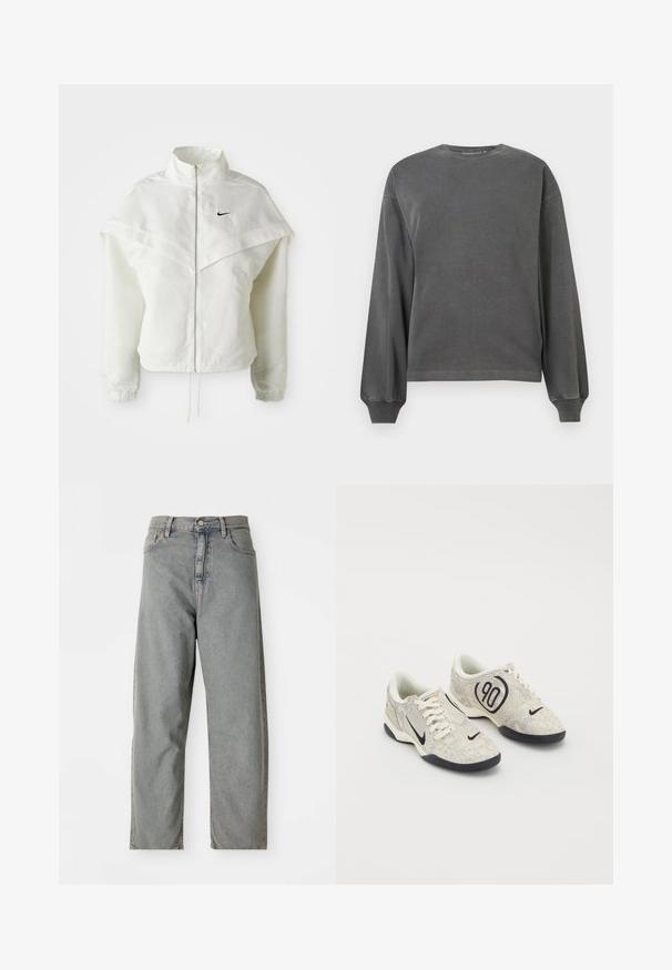 Bílá dlouhá zipová bunda s vysokým límcem, pláštěnkovým detailem přes ramena, elastickými manžetami a malým černým logem Nike na hrudi.; Šedá mikina s dlouhým rukávem a kulatým výstřihem, vyrobena z měkkého materiálu. Obsahuje manžety s ribbováním a volný střih. Minimalistický design, bez vzorů.; Svetle šedé džíny s rovnými nohavicemi, s předním zapínáním na knoflík, pěti kapsami a jemným blednutím.; Nike tenisky s béžovým a šedým texturovaným svrškem, černými akcenty, velkým logem "90" a bílým šněrováním. Černá podrážka.