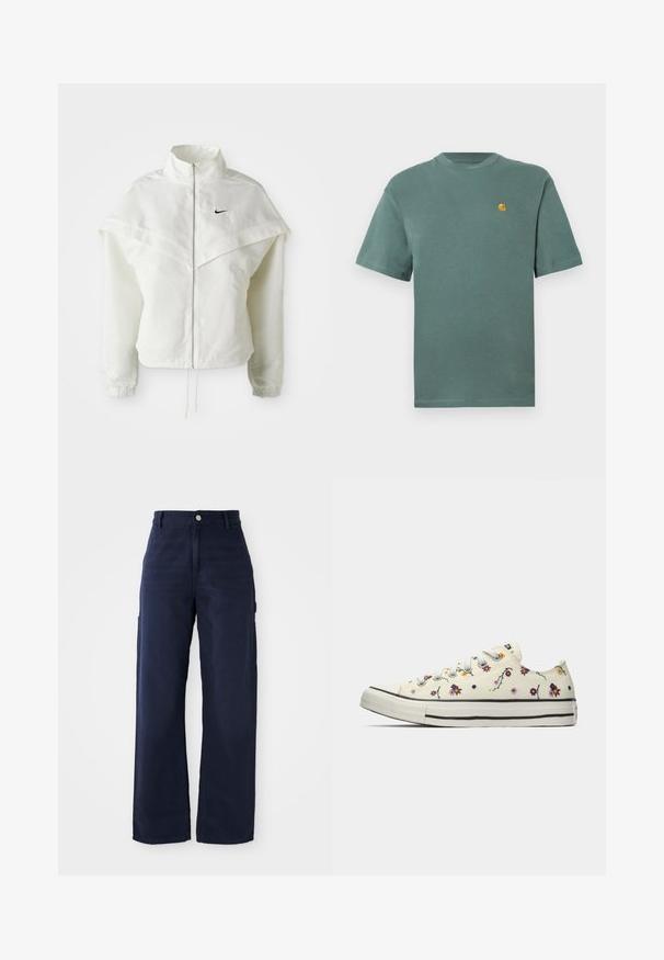 Hvit langermet jakke med glidelås og høy krage, kappe-lignende detaljer over skuldrene, elastiske mansjetter, og liten svart Nike-logo på brystet.; Grønn bomull t-skjorte med rund hals og korte ermer, med en liten gul logo på venstre bryst. Myk tekstur, uformell design.; Marineblå vide bukser med cargo-design laget av solid bomullsstoff, med sidelommer og knappelukking i midjen.; Hvit lav sneaker med fargerike små blomster mønster og hvite snøringer, sett fra innsiden mot en ensfarget bakgrunn.