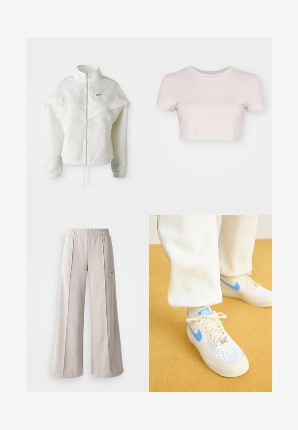Bjela jakna dugih rukava s patentnim zatvaračem i visokim ovratnikom, s kapastim detaljima preko ramena, elastičnim manžetama i malim crnim Nike logom na prsima.; Skraćeni majica u svijetlo ružičastoj boji, izrađena od mekog materijala. Ima okrugli izrez i kratke rukave s malim bijelim Nike logotipom na prsima.; Svijetlosive hlače širokih nogavica od glatkog materijala. Imaju elastičnu traku u struku i crni Nike logo na lijevoj strani.; Bijele tenisice s svijetloplavim naglascima, s perforiranim prstima, teksturiranom potplatom i vezicama. Nose se s krem predstavljenim hlačama na žutoj pozadini.