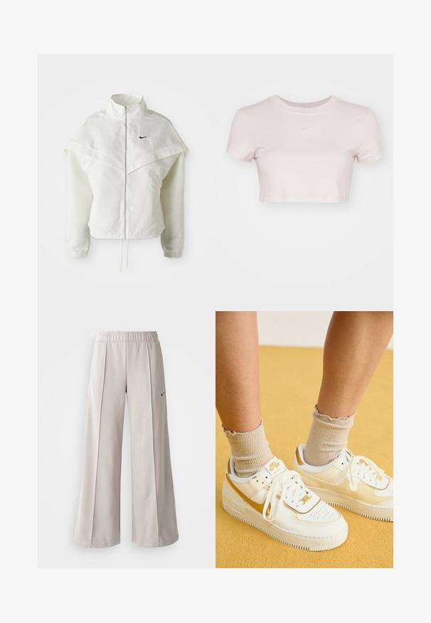 Bjela jakna dugih rukava s patentnim zatvaračem i visokim ovratnikom, s kapastim detaljima preko ramena, elastičnim manžetama i malim crnim Nike logom na prsima.; Skraćeni majica u svijetlo ružičastoj boji, izrađena od mekog materijala. Ima okrugli izrez i kratke rukave s malim bijelim Nike logotipom na prsima.; Svijetlosive hlače širokih nogavica od glatkog materijala. Imaju elastičnu traku u struku i crni Nike logo na lijevoj strani.; Nike Sportswear AIR FORCE 1 SHADOW - Tenisice - sail/metallic gold/coconut milk
