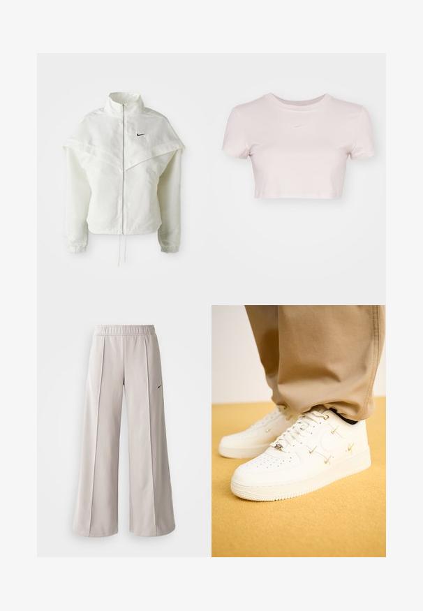 Bela jakna z dolgimi rokavi in zadrgo, visokim ovratnikom, plaščastim detajlom čez ramena, elastičnimi manšetami in majhnim črnim logotipom Nike na prsih.; Kratka majica v svetlo rožnati barvi, izdelana iz mehke tkanine. Ima krojen izrez in kratke rokave ter majhen bel Nike logo na prsih.; Svetlo sivi široki hlače iz gladkega materiala. Imajo elastični pas in črni Nike logotip na levi strani.; Bela usnjena športna obutev s perforiranim prstom, zlatimi poudarki in ravnimi vezalkami, v kombinaciji s bež hlačami na teksturirani rumeni površini.