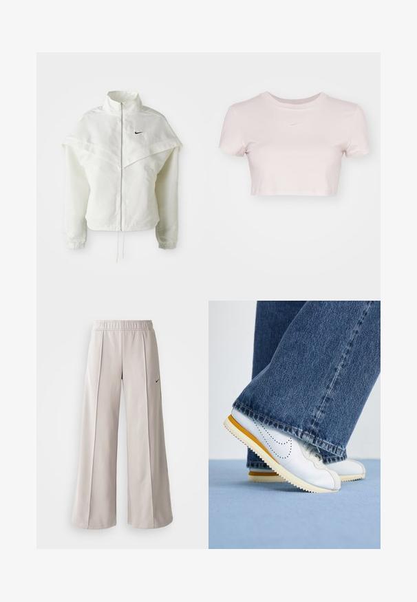 Balta garās piedurknes ar rāvējslēdzēju jaka ar augstu apkakli, apmetņa līdzīga detaļa uz pleciem, elastīgas aproces un mazs melns Nike logotips uz krūtīm.; Grezno piegriezts T-krekls gaiši rozā krāsā, izgatavots no mīkstas auduma. Tam ir apaļa apmale un īsas piedurknes, ar mazu balto Nike logo krūtīs.; Gaiši pelēkas platas bikses, izgatavotas no gludas auduma. Iezīmēta ar elastīgu jostu un melnu Nike logo kreisajā pusē.; Baltas ādas tenisa apavi ar dzelteniem akcentiem, apaļš purngals un teksturēta gumijas zole, apvienoti ar tumši ziliem džinsiem ar platām kājām.