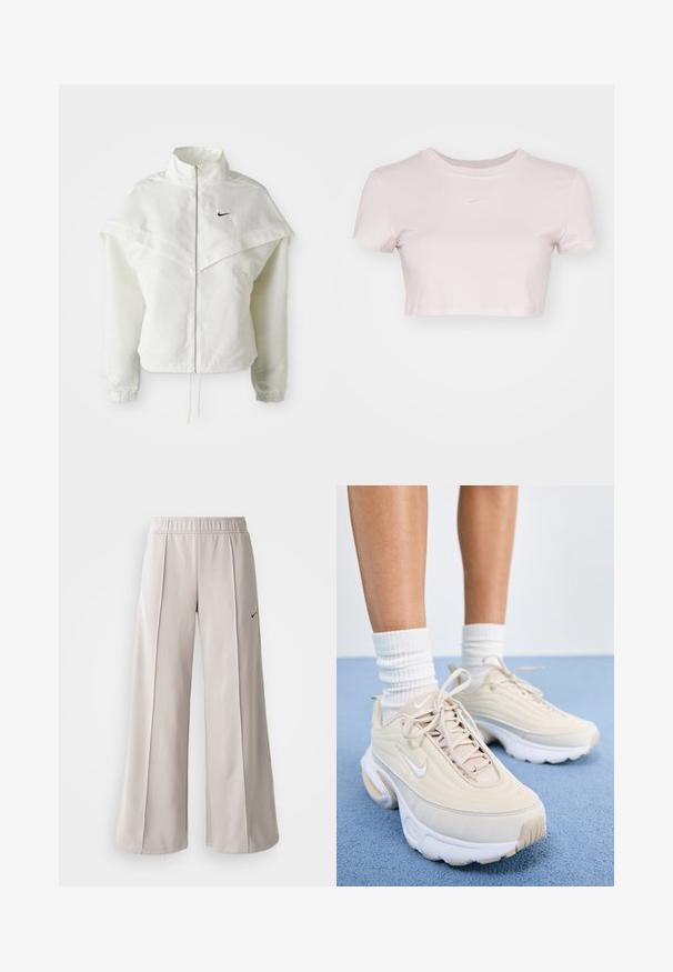 Biela bunda s dlhým rukávom na zips a vysokým golierom, s plášťovým detailom cez plecia, elastickými manžetami a malým čiernym logom Nike na hrudi.; Skraćené tričko svetloružovej farby, vyrobené z mäkkej tkaniny. Má okrúhly výstrih a krátke rukávy s malým bielym logom Nike na hrudi.; Svetlo šedé nohavice s širokým strihom vyrobené z hladkej tkaniny. Obsahujú elastický pás a čierne logo Nike na ľavej strane.; Béžové športové topánky s textúrovaným zvrškom, bielymi šnúrkami a hrubou bielou podrážkou. Dizajn obsahuje jemné krivky a malé logo.