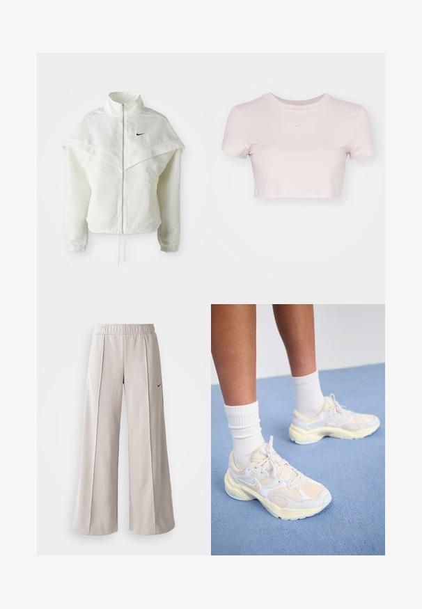 Valkoinen pitkähihainen vetoketjullinen takki korkealla kauluksella, viittamainen yksityiskohta olkapäillä, joustavat hihansuut ja pieni musta Nike-logo rinnassa.; Lyhyt vaaleanpunainen t-paita, joka on valmistettu pehmeästä kankaasta. Siinä on pyöreä pääntie ja lyhyet hihat, sekä pieni valkoinen Nike-logo rinnassa.; Vaaleanharmaat leveälahkeiset housut, jotka on valmistettu sileästä kankaasta. Niissä on joustava vyötärö ja musta Nike-logo vasemmalla puolella.; Tyylikkäät urheilukengät vaaleankeltaisina ja valkoisina, joissa on verkkomateriaalia ja synteettisiä materiaaleja, pyöristetty muoto ja teksturoidut pohjat.