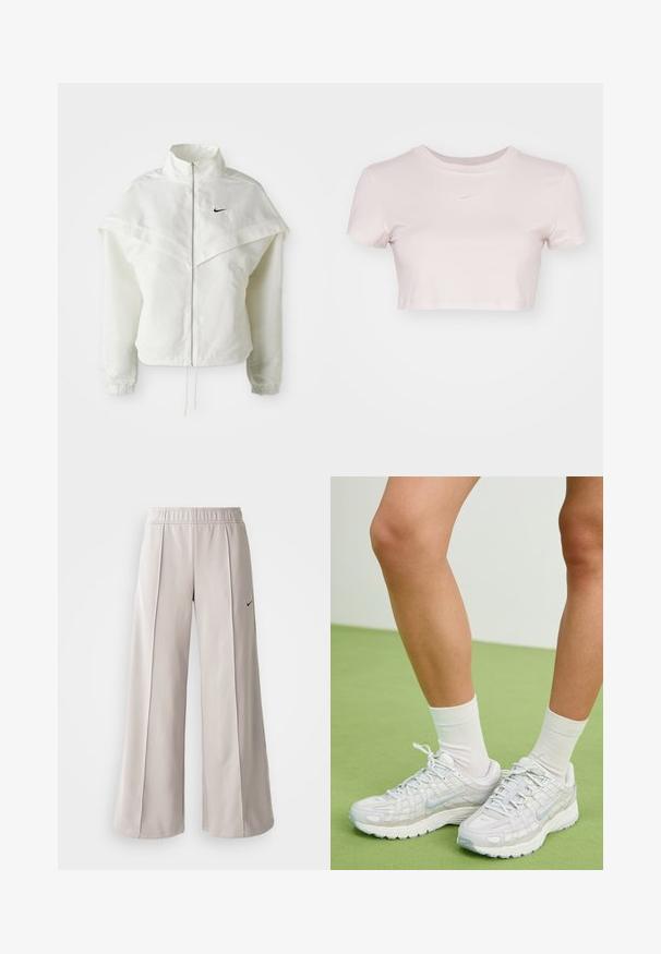 Biała, długozapinana kurtka na zamek z wysokim kołnierzem, z pelerynowym detalem na ramionach, elastycznymi mankietami i małym czarnym logo Nike na piersi.; Przycięta koszulka w jasnym różu, wykonana z miękkiego materiału. Posiada okrągły dekolt i krótkie rękawy z małym białym logo Nike na klatce piersiowej.; Jasnoszare spodnie o szerokich nogawkach, wykonane z gładkiego materiału. Posiadają elastyczny pas i czarne logo Nike po lewej stronie.; Białe sneakersy Nike mają teksturowaną siateczkową cholewkę, refleksyjne akcenty i wygodną podeszwę. W połączeniu z białymi skarpetkami, na tle zielonej podłogi.