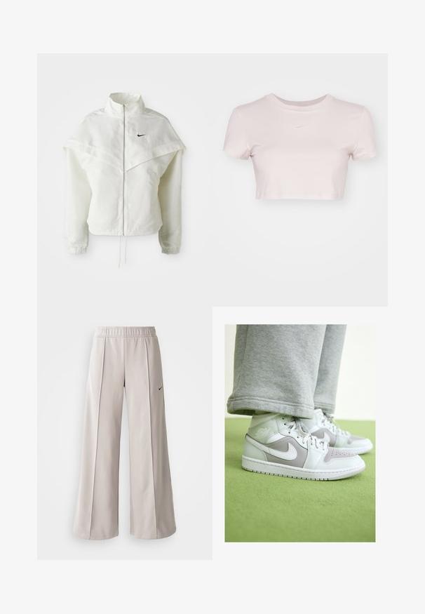 Valkoinen pitkähihainen vetoketjullinen takki korkealla kauluksella, viittamainen yksityiskohta olkapäillä, joustavat hihansuut ja pieni musta Nike-logo rinnassa.; Lyhyt vaaleanpunainen t-paita, joka on valmistettu pehmeästä kankaasta. Siinä on pyöreä pääntie ja lyhyet hihat, sekä pieni valkoinen Nike-logo rinnassa.; Vaaleanharmaat leveälahkeiset housut, jotka on valmistettu sileästä kankaasta. Niissä on joustava vyötärö ja musta Nike-logo vasemmalla puolella.; Vaaleanharmaat ja valkoiset nahkaiset korkeat tennarit, joissa on rei'itetty varvasosa, Nike-swoosh ja kohokuvioitu logo nilkan kohdalla. Kumipohja.