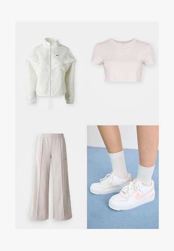 Balta garās piedurknes ar rāvējslēdzēju jaka ar augstu apkakli, apmetņa līdzīga detaļa uz pleciem, elastīgas aproces un mazs melns Nike logotips uz krūtīm.; Grezno piegriezts T-krekls gaiši rozā krāsā, izgatavots no mīkstas auduma. Tam ir apaļa apmale un īsas piedurknes, ar mazu balto Nike logo krūtīs.; Gaiši pelēkas platas bikses, izgatavotas no gludas auduma. Iezīmēta ar elastīgu jostu un melnu Nike logo kreisajā pusē.; Baltas brīvlaika apavi ar persiku akcentiem, gluda ādas virsma, perforēts purngals, strukturēta zole un šnūrītes. Valkāti ar baltām augstām zeķēm uz zilas virsmas.