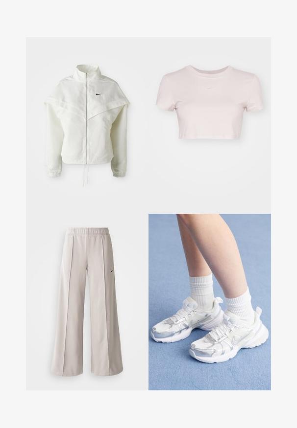 Biała, długozapinana kurtka na zamek z wysokim kołnierzem, z pelerynowym detalem na ramionach, elastycznymi mankietami i małym czarnym logo Nike na piersi.; Przycięta koszulka w jasnym różu, wykonana z miękkiego materiału. Posiada okrągły dekolt i krótkie rękawy z małym białym logo Nike na klatce piersiowej.; Jasnoszare spodnie o szerokich nogawkach, wykonane z gładkiego materiału. Posiadają elastyczny pas i czarne logo Nike po lewej stronie.; Białe buty sportowe z siateczkowymi i syntetycznymi nakładkami, z srebrnym logo Nike, zestawione z prążkowanymi białymi skarpetkami na niebieskiej powierzchni.