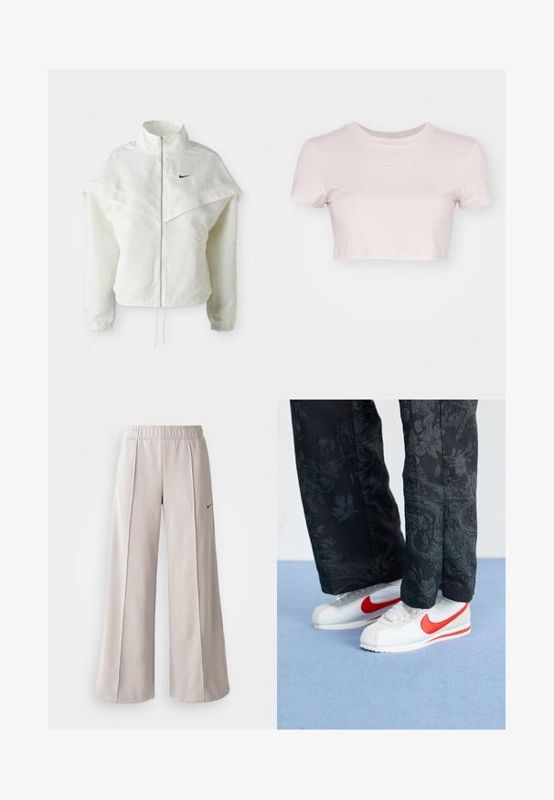 Giacca bianca a maniche lunghe con zip e colletto alto, dettaglio a mantella sulle spalle, polsini elasticizzati e piccolo logo Nike nero sul petto.; T-shirt accorciato di colore rosa chiaro, realizzato in tessuto morbido. Presenta un collo tondo e maniche corte con un piccolo logo Nike bianco sul petto.; Pantaloni ampi grigio chiaro realizzati in tessuto liscio. Presentano una vita elastica e il logo Nike nero sul lato sinistro.; Sneakers Nike bianchi con accenti rossi, abbinati a pantaloni neri con un motivo floreale. La texture è liscia con una suola piatta intrecciata.