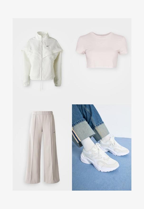Giacca bianca a maniche lunghe con zip e colletto alto, dettaglio a mantella sulle spalle, polsini elasticizzati e piccolo logo Nike nero sul petto.; T-shirt accorciato di colore rosa chiaro, realizzato in tessuto morbido. Presenta un collo tondo e maniche corte con un piccolo logo Nike bianco sul petto.; Pantaloni ampi grigio chiaro realizzati in tessuto liscio. Presentano una vita elastica e il logo Nike nero sul lato sinistro.; Sneakers atletici bianchi realizzati in mesh e materiali sintetici, caratterizzati da una suola spessa e un design testurizzato, abbinati a calze bianche a coste.