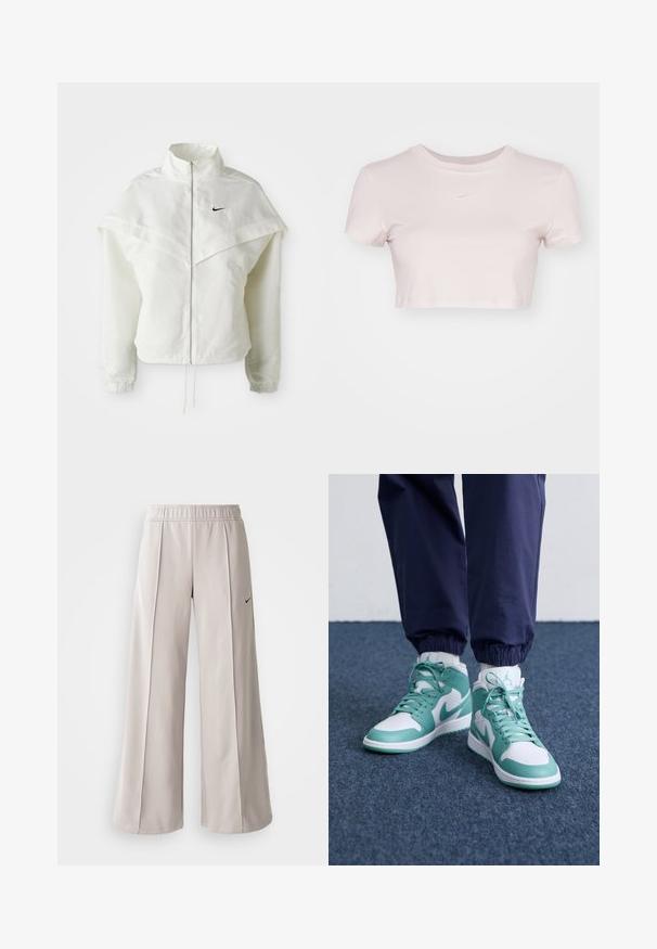 Valkoinen pitkähihainen vetoketjullinen takki korkealla kauluksella, viittamainen yksityiskohta olkapäillä, joustavat hihansuut ja pieni musta Nike-logo rinnassa.; Lyhyt vaaleanpunainen t-paita, joka on valmistettu pehmeästä kankaasta. Siinä on pyöreä pääntie ja lyhyet hihat, sekä pieni valkoinen Nike-logo rinnassa.; Vaaleanharmaat leveälahkeiset housut, jotka on valmistettu sileästä kankaasta. Niissä on joustava vyötärö ja musta Nike-logo vasemmalla puolella.; Korkeat tennarit, joissa on valkoinen pohja ja teal-värisiä yksityiskohtia, strukturoidusta nahasta valmistettu pinta ja rei'itetty varvasosa. Mukana nauhat ja pehmustettu kaulus.