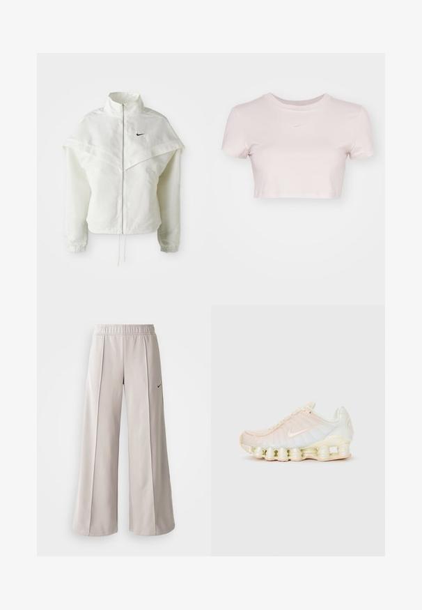 Valge pikkade varrukatega tõmblukuga jakk kõrge kraega, kätetooted, mis meenutavad katet õlgadel, elastsete mansettidega ja väikese musta Nike logoga rinnal.; Lühikeste varrukatega helesinine lühikesed T-särk, valmistatud pehmest kangast. Omab ümmargust kaelaauku ja rinnal on väike valge Nike logo.; Heledad hallide püksid, mis on valmistatud siledast kangast. Omab elastset vöökohta ja musta Nike logo vasakul küljel.; Nike tossud, millel on läbipaistev pealis pehmete pastelltoonides, tekstuuriga paneelid ja iseloomulik pehmendatud tald, mis koosneb kihilisest segmentidest.