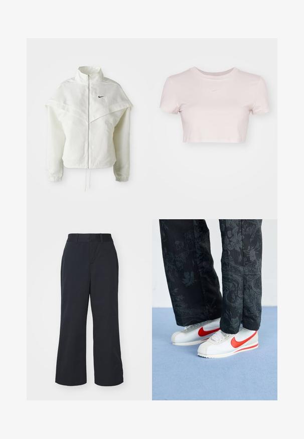 Vit långärmad zip-up jacka med hög krage, kap-liknande detalj över axlarna, elastiska ärmslut och liten svart Nike-logga på bröstet.; Kortärmad T-shirt i ljusrosa, tillverkad av mjukt material. Har rundad halsringning och korta ärmar med en liten vit Nike-logotyp på bröstet.; Svarta vida byxor med en slät tygtextur, med ett standard midjeband och sidofickor. Minimalistisk design, inga synliga mönster.; Vita Nike-sneakers med röda accentfärger, parat med svarta byxor med blomstertryck. Texturen är slät med en platt flätad sula.