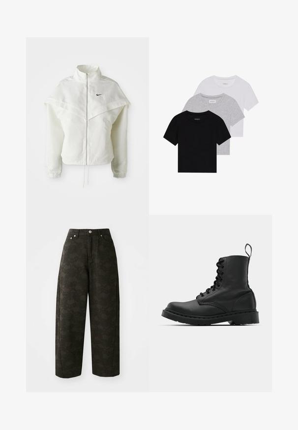 Bjela jakna dugih rukava s patentnim zatvaračem i visokim ovratnikom, s kapastim detaljima preko ramena, elastičnim manžetama i malim crnim Nike logom na prsima.; Set od tri majice kratkih rukava u crnoj, sivoj i bijeloj boji. Izrađene od pamuka, s okruglim izrezom i jednostavnim, jednobojnim dizajnom.; Tamnozelene široke hlače imaju teksturirani cvjetni uzorak, dizajn s pet džepova i metalne kopče na struku.; Crne kožne vojničke čizme s okruglim vrhom, vezicama sprijeda i petljom na gležnju. Imaju gusti gumeni potplat za izdržljivost.