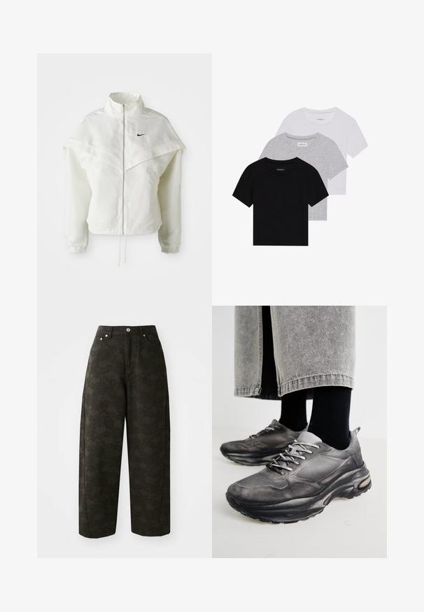 Hvit langermet jakke med glidelås og høy krage, kappe-lignende detaljer over skuldrene, elastiske mansjetter, og liten svart Nike-logo på brystet.; Sett med tre kortermede t-skjorter i svart, grått og hvitt. Laget av bomull, med rund hals og en enkel, ensfarget design.; Mørkegrønne bukser med vide ben har et tekstureret blomstermønster, fem lommer og metalknaplukninger i taljen.; Sorte og grå treningssko har en mesh-overdel, tykke såler og snøring. De har en rund tå og synlige dempe detaljer.
