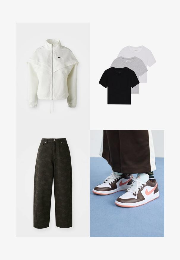 Vit långärmad zip-up jacka med hög krage, kap-liknande detalj över axlarna, elastiska ärmslut och liten svart Nike-logga på bröstet.; Set med tre kortärmade t-shirts i svart, grått och vitt. Tillverkade av bomull, med rund hals och en enkel, enfärgad design.; Mörkgröna byxor med vida ben har ett texturerat blommönster, fem fickor och metallknäppningar i midjan.; Vita och bruna Nike Air Jordan-sneakers med rosa detaljer, med en låg design, vita snörningar och en texturerad gummisula.