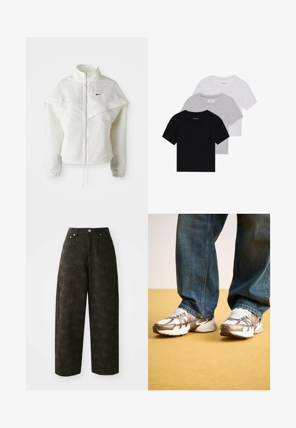 White long-sleeve zip-up jacket with high collar, cape-like detail across shoulders, elastic cuffs, and small black Nike logo on chest.; Set of three short-sleeve t-shirts in black, gray, and white. Made from cotton, featuring a crew neck and a simple, solid color design.; Dark green wide-leg pants feature a textured floral pattern, five-pocket design, and metal button closures at the waist.; Nike running shoes in white and metallic bronze, featuring mesh and synthetic materials, with a textured sole and a lace-up design.