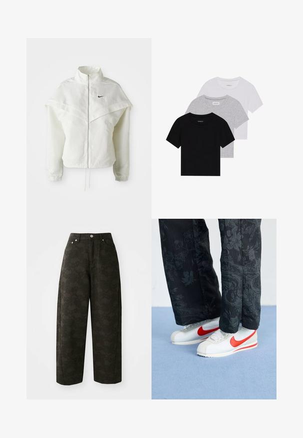Balta ilga rankovė zip-up striukė su aukštu apykakle, švarkelio tipo detalėmis ant pečių, elastingomis rankovėmis ir mažuoju juodu Nike logotipu ant krūtinės.; Trijų trumpomis rankovėmis marškinėlių rinkinys juodos, pilkos ir baltos spalvos. Pagaminti iš medvilnės, turi apvalų iškirpimą ir paprastą, vientisos spalvos dizainą.; Tamsiai žaliai platūs kelnių modeliai turi tekstūrinį gėlių raštą, penkias kišenes ir metalinius mygtukus juosmens srityje.; Baltos Nike sneaker'iai su raudonais akcentais, derinami su juodomis kelnių, turinčiomis gėlių raštą. Paviršius lygus, su plokščiu pynimo padu.
