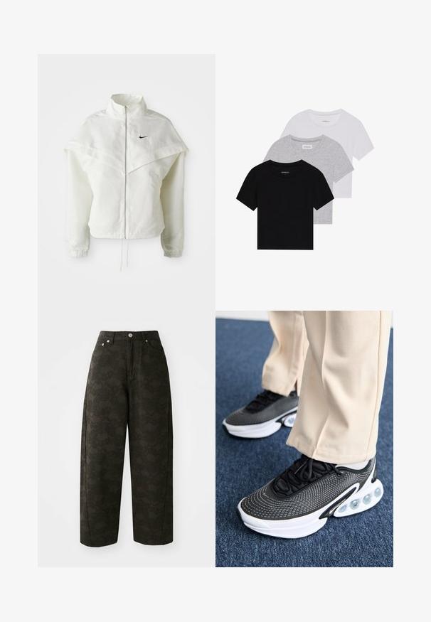 Vit långärmad zip-up jacka med hög krage, kap-liknande detalj över axlarna, elastiska ärmslut och liten svart Nike-logga på bröstet.; Set med tre kortärmade t-shirts i svart, grått och vitt. Tillverkade av bomull, med rund hals och en enkel, enfärgad design.; Mörkgröna byxor med vida ben har ett texturerat blommönster, fem fickor och metallknäppningar i midjan.; Svarta och vita träningsskor med ett texturerat nätöverdrag, med en kurvad sula som har synlig luftdämpning och en strömlinjeformad design.