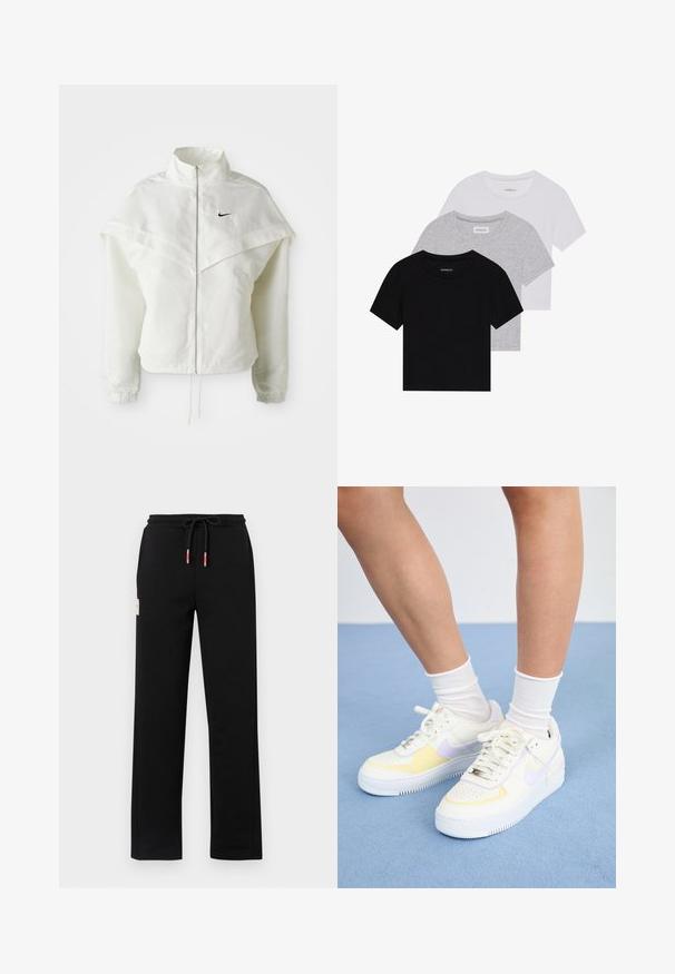 Balta ilga rankovė zip-up striukė su aukštu apykakle, švarkelio tipo detalėmis ant pečių, elastingomis rankovėmis ir mažuoju juodu Nike logotipu ant krūtinės.; Trijų trumpomis rankovėmis marškinėlių rinkinys juodos, pilkos ir baltos spalvos. Pagaminti iš medvilnės, turi apvalų iškirpimą ir paprastą, vientisos spalvos dizainą.; Juodos sportinės kelnės su raišteliu juosmenyje, su raudonais ir baltais akcentais, šoninėmis kišenėmis ir mažu etiketu priekyje. Lygus paviršius.; Baltos odinės sportbačiai su geltonais ir levandų akcentais, apvaliu pirštu, plokščiomis raišteliais ir tekstūruota guma. Dėvimi su baltais kojinėmis.