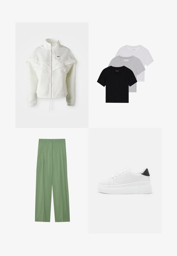 Bela jakna z dolgimi rokavi in zadrgo, visokim ovratnikom, plaščastim detajlom čez ramena, elastičnimi manšetami in majhnim črnim logotipom Nike na prsih.; Komplet treh majic s kratkimi rokavi v črni, sivi in beli barvi. Izdelane iz bombaža, z okroglim izrezom in preprostim, enobarvnim dizajnom.; Zelene široke hlače izdelane iz gladkega materiala. Imajo gube na sprednji strani, en gumb za zapiranje in zanke za pas.; Bele platform tenisice izdelane iz gladkega sintetičnega materiala, z zaobljenim prstom, sistemom vezalk in teksturiranim gumijastim podplatom. Črn dodatek na peti.