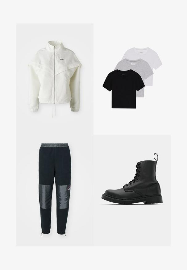 Bela jakna z dolgimi rokavi in zadrgo, visokim ovratnikom, plaščastim detajlom čez ramena, elastičnimi manšetami in majhnim črnim logotipom Nike na prsih.; Komplet treh majic s kratkimi rokavi v črni, sivi in beli barvi. Izdelane iz bombaža, z okroglim izrezom in preprostim, enobarvnim dizajnom.; Črne flis hlače z teksturiranimi paneli spredaj, z elastiko v pasu in na koncu hlačnic. Vključujejo logotip na predelu stegna.; Črne usnjene vojaške škornje s okroglo konico, z vezalkami spredaj in z zanko na gležnju. Imajo debele gumijaste podplate za dolgo življenjsko dobo.