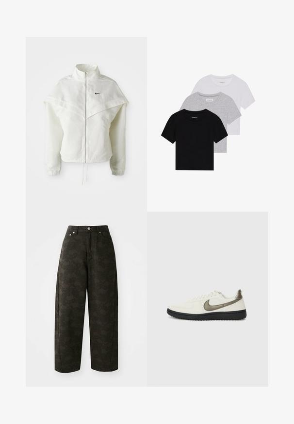 Bjela jakna dugih rukava s patentnim zatvaračem i visokim ovratnikom, s kapastim detaljima preko ramena, elastičnim manžetama i malim crnim Nike logom na prsima.; Set od tri majice kratkih rukava u crnoj, sivoj i bijeloj boji. Izrađene od pamuka, s okruglim izrezom i jednostavnim, jednobojnim dizajnom.; Tamnozelene široke hlače imaju teksturirani cvjetni uzorak, dizajn s pet džepova i metalne kopče na struku.; Nike Sportswear FIELD GENERAL - Tenisice - off-white/black