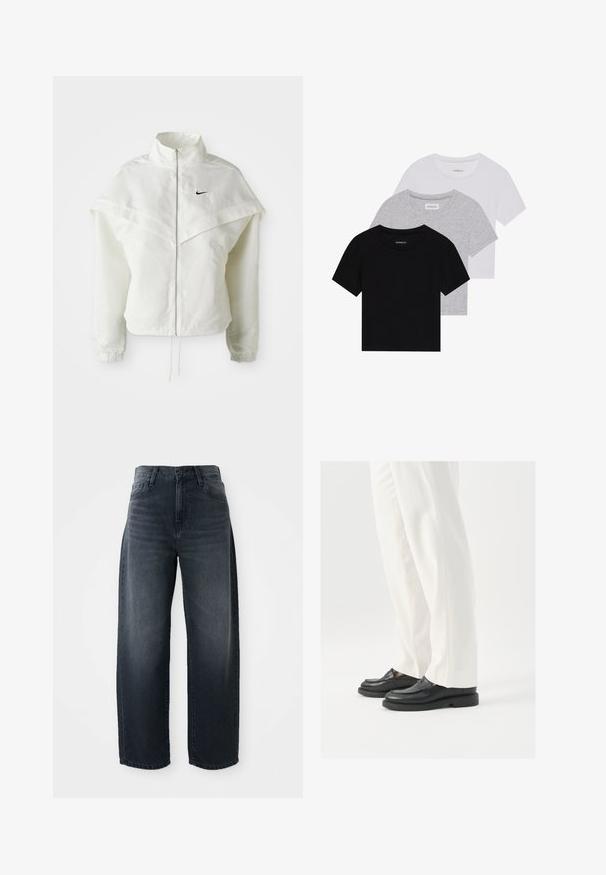 Bela jakna z dolgimi rokavi in zadrgo, visokim ovratnikom, plaščastim detajlom čez ramena, elastičnimi manšetami in majhnim črnim logotipom Nike na prsih.; Komplet treh majic s kratkimi rokavi v črni, sivi in beli barvi. Izdelane iz bombaža, z okroglim izrezom in preprostim, enobarvnim dizajnom.; Široke hlače iz temno pranjene denima, z visokim pasom, klasičnim gumbom in zadrgo ter subtilnim zbledelostjo spredaj.; Črne usnjene loaferje z gladko teksturo, šivi in zaobljenim prstom, pomešane z belimi krojenimi hlačami.