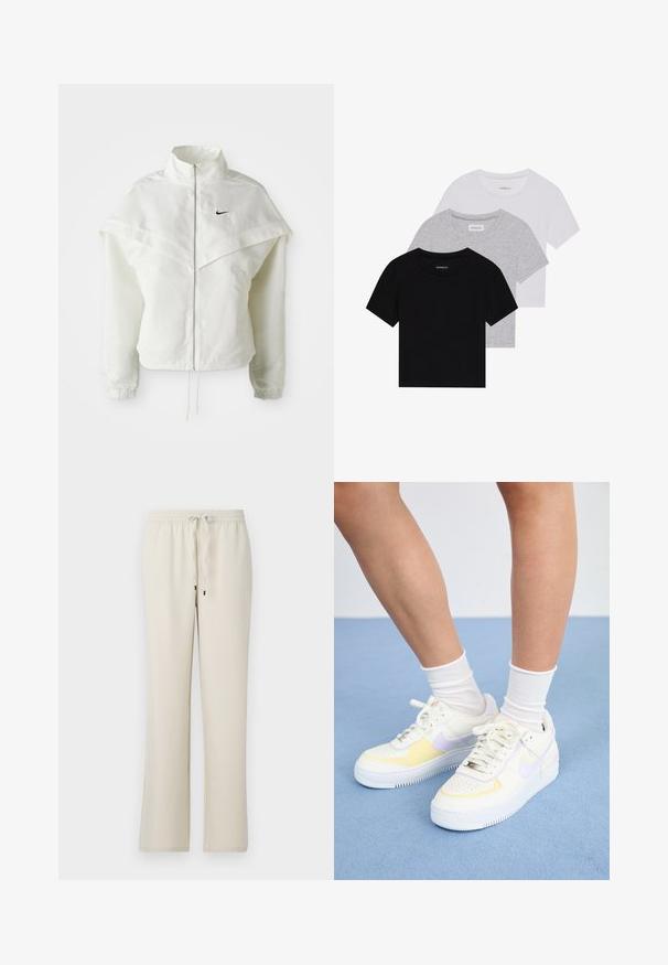 White long-sleeve zip-up jacket with high collar, cape-like detail across shoulders, elastic cuffs, and small black Nike logo on chest.; Set of three short-sleeve t-shirts in black, gray, and white. Made from cotton, featuring a crew neck and a simple, solid color design.; Beige, elastic-waist pants with a drawstring. Straight leg design, made from a soft material, featuring minimalistic style without patterns or accents.; White leather sneakers with yellow and lavender accents, round toe, flat laces, and textured rubber sole. Worn with white socks.