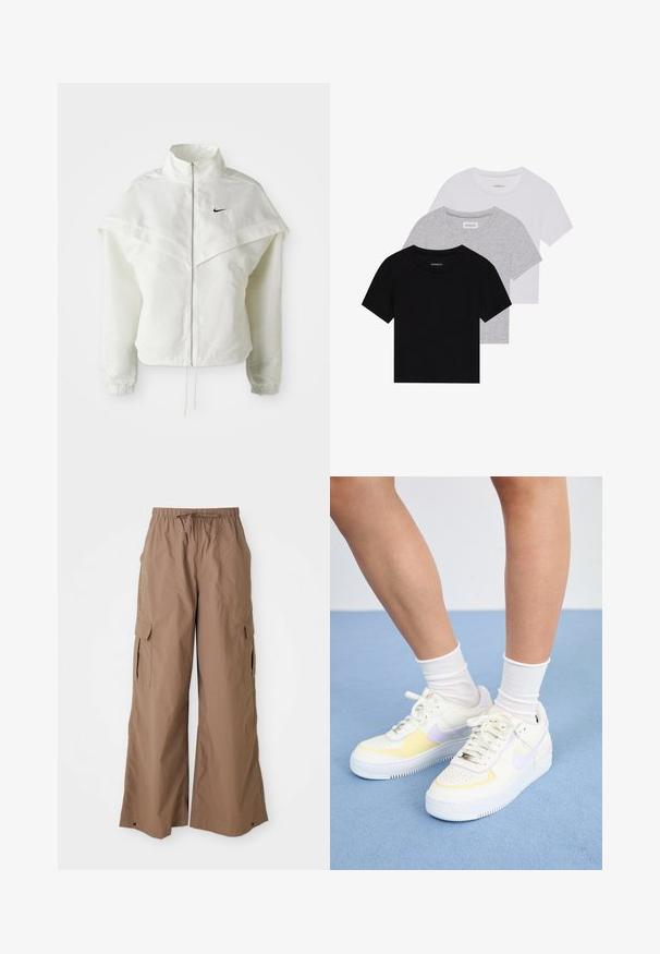 Vit långärmad zip-up jacka med hög krage, kap-liknande detalj över axlarna, elastiska ärmslut och liten svart Nike-logga på bröstet.; Set med tre kortärmade t-shirts i svart, grått och vitt. Tillverkade av bomull, med rund hals och en enkel, enfärgad design.; Bruna löst sittande cargobyxor med dragsko i midjan och sidofickor med klaff, i en vid ben-design, visade mot en vit bakgrund.; Vita lädersneakers med gula och lavendelfärger, rund tå, platta snören och texturerad gummisula. Bärs med vita strumpor.